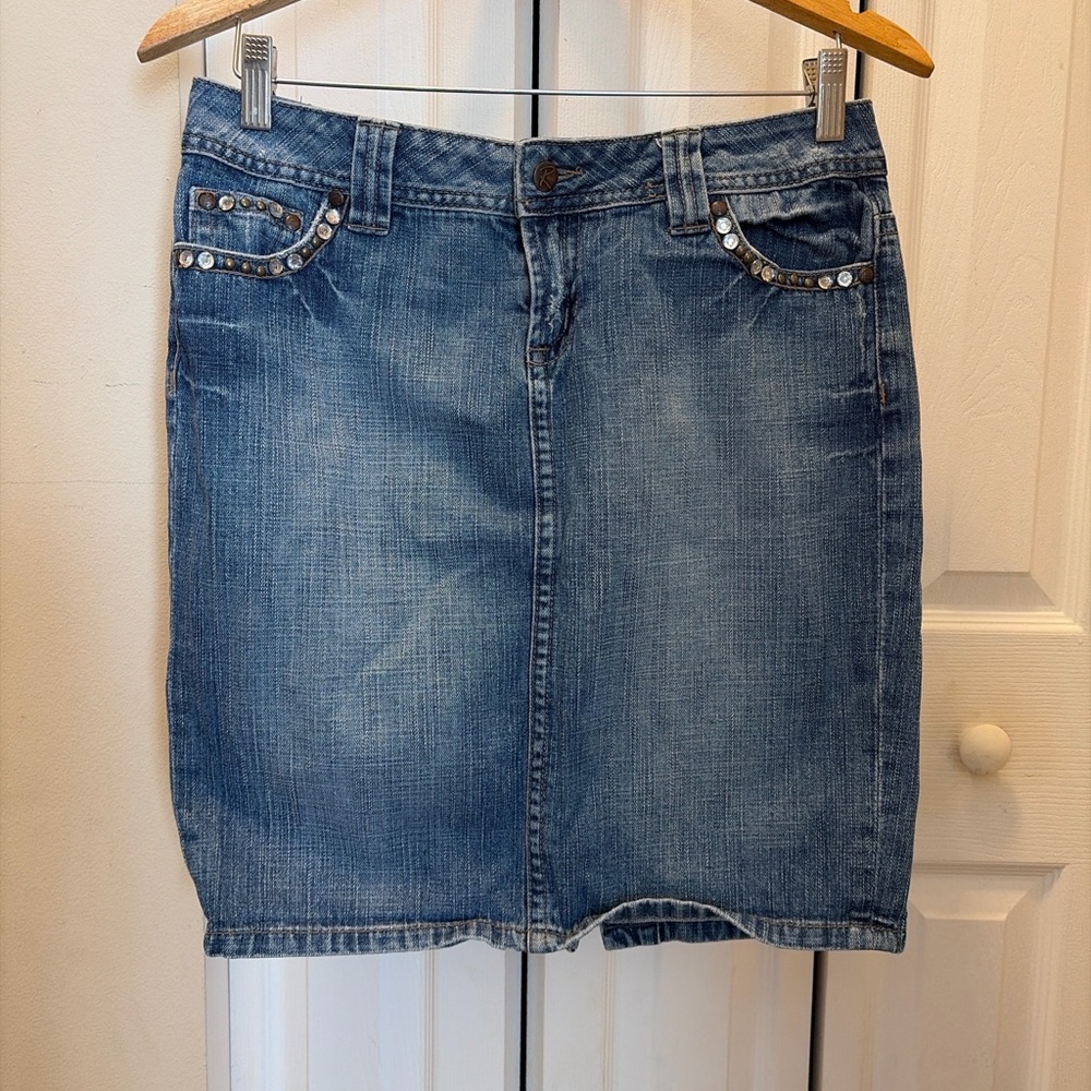 Denim Jean Skirt - Size 7, Studded + Crystal Pockets, Medium Wash